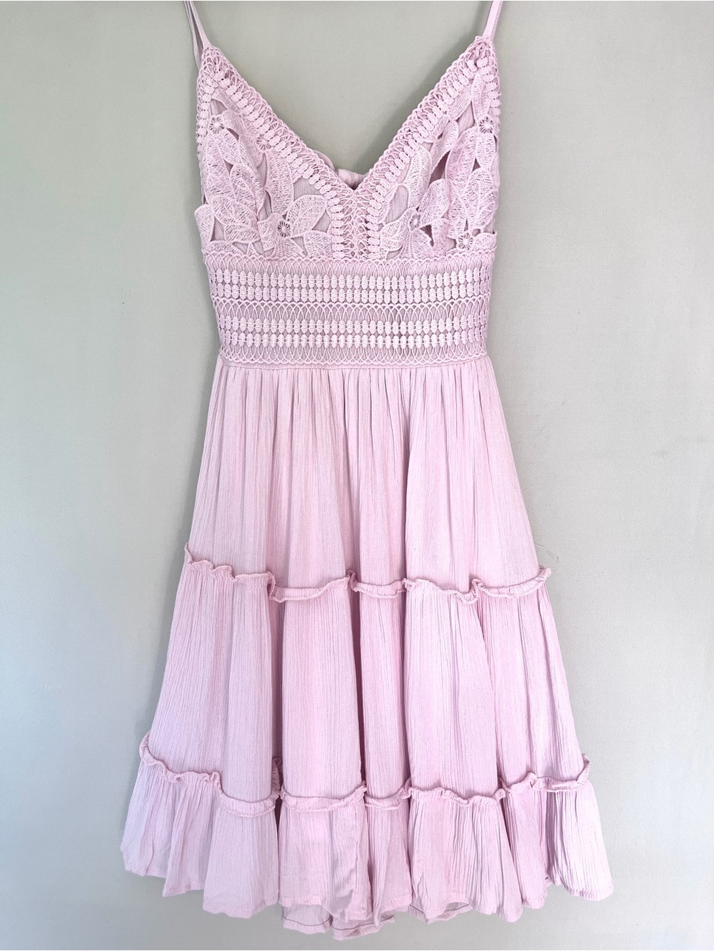 Streetwear Society Light Pink Crochet Bodice Tiered Dress With Tie Back • Size S